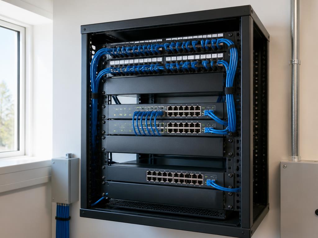 Professionally organized network switches and Ethernet cabling