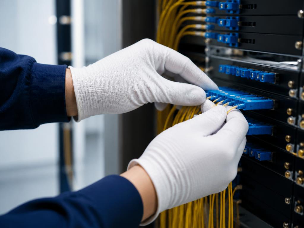 Technician connecting fibre-optic cables to a distribution panel